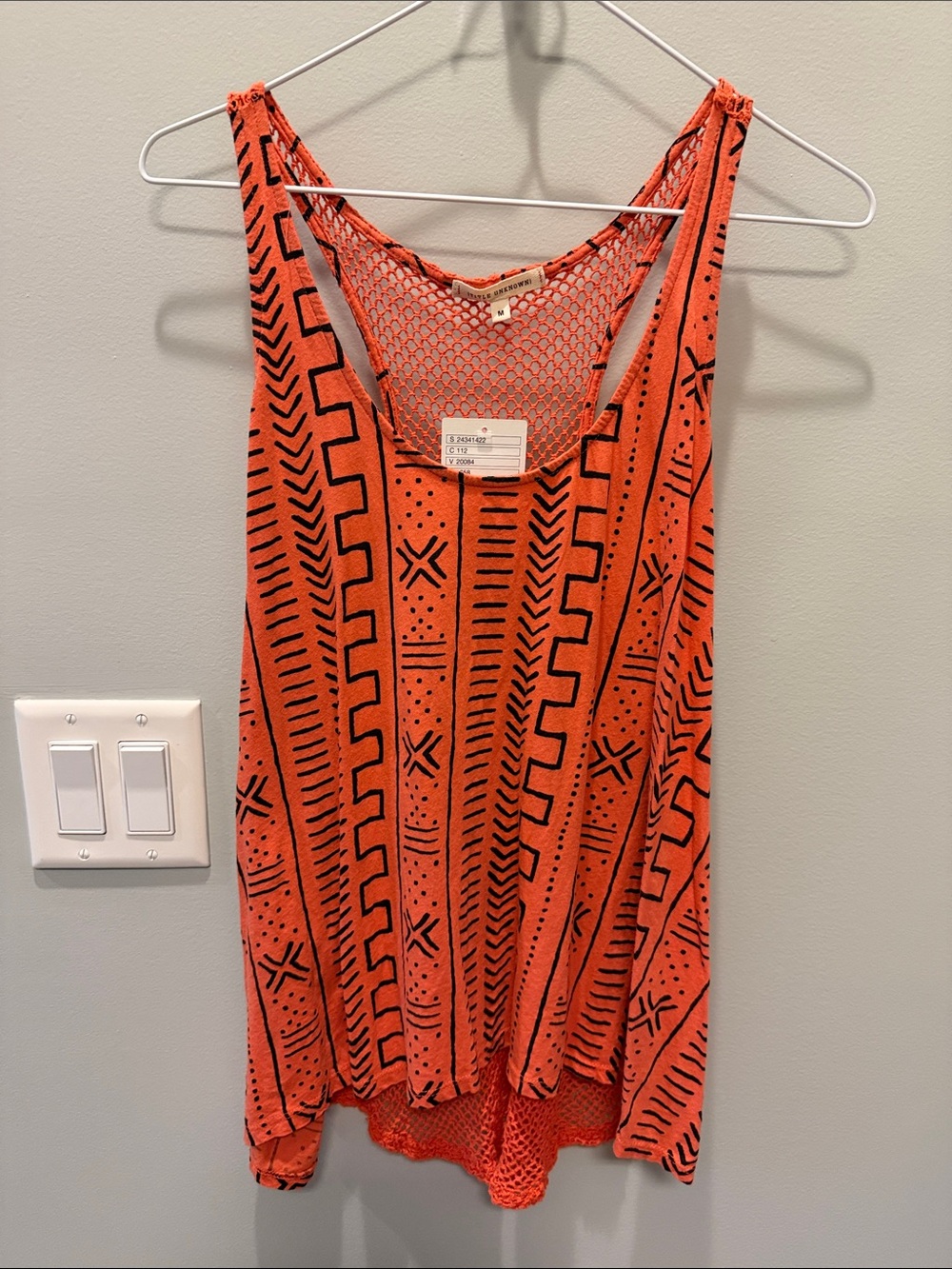 Anthropologie Orange & Black Patterned Mesh-Back Tank